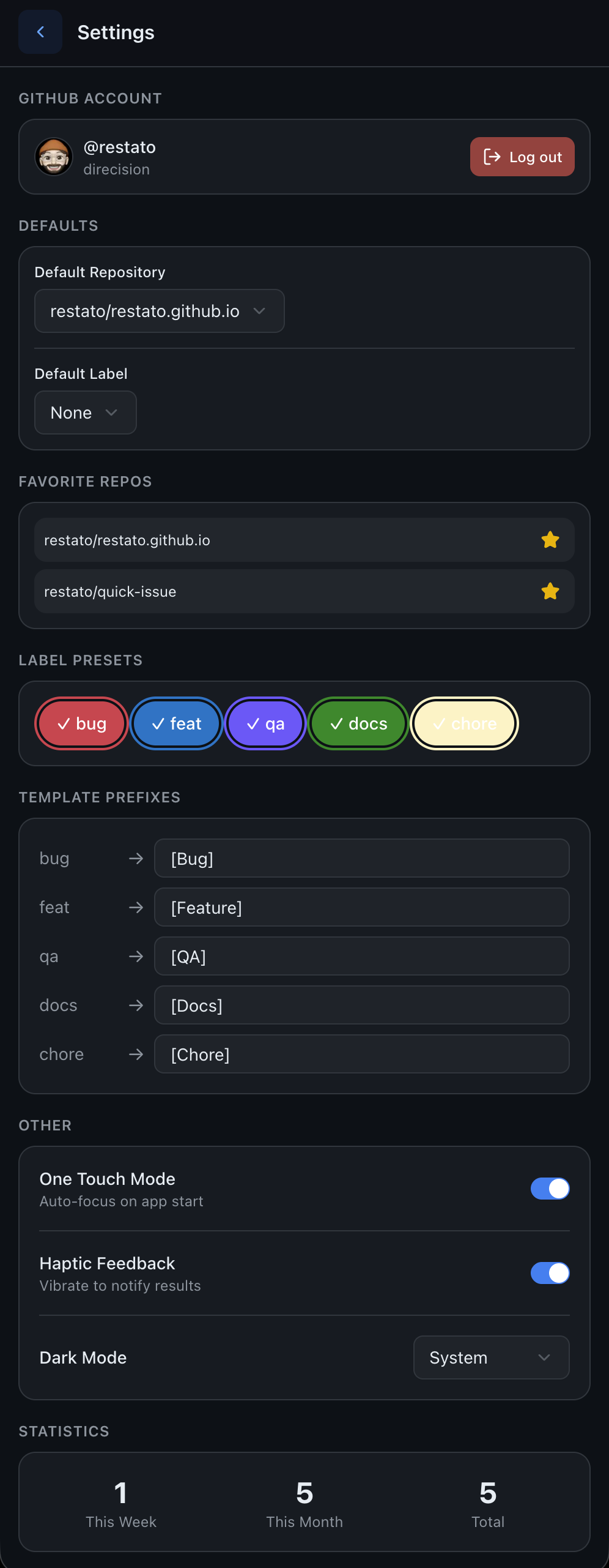 Quick Issue app screenshot showing repository and label selection